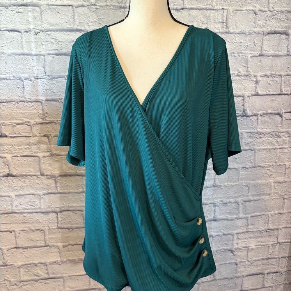 SHEIN Teal V-Neck Blouse with Button Accents